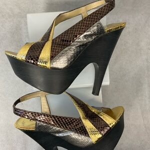 "BEBE" Myra Platform High Heels - Multi Color Metallic Snake Print- Size 7